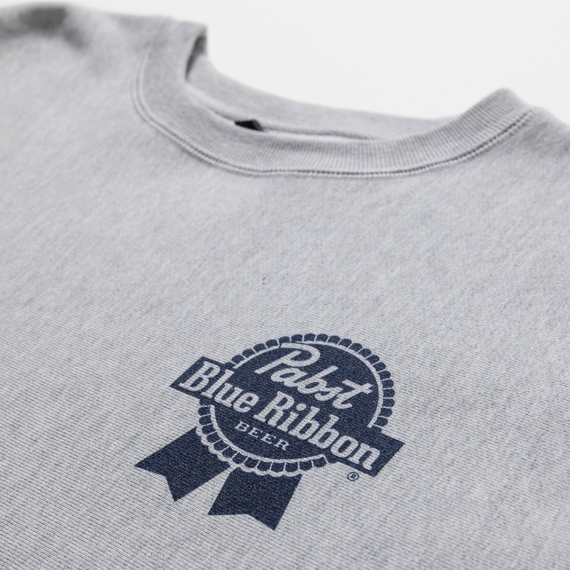 Gray sweatshirt with Pabst Blue Ribbon logo