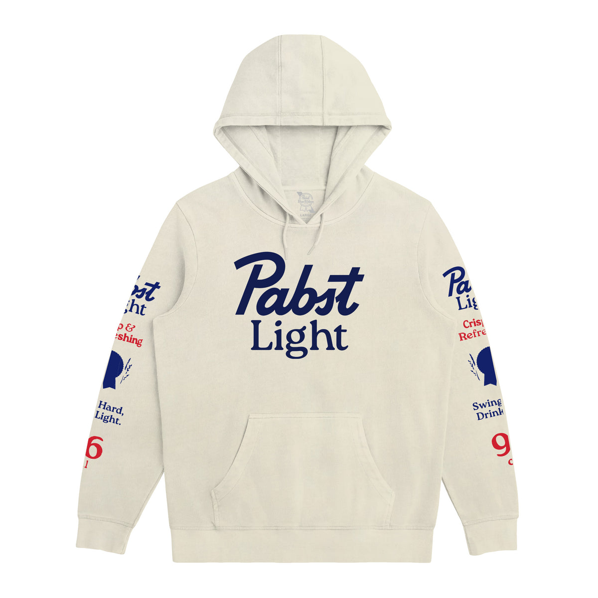 An off-white hooded sweatshirt featuring 'Pabst Light' printed in navy blue across the chest, with additional red and navy graphics on both sleeves, displayed against a solid white background.