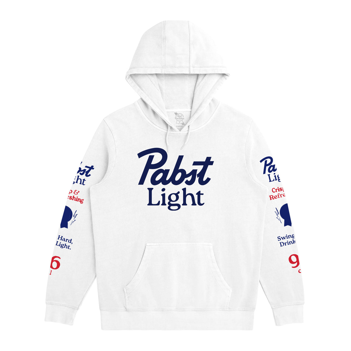 A white pullover hoodie featuring the 'Pabst Light' logo printed in navy blue across the chest, with additional red and navy text and graphics printed on both sleeves.