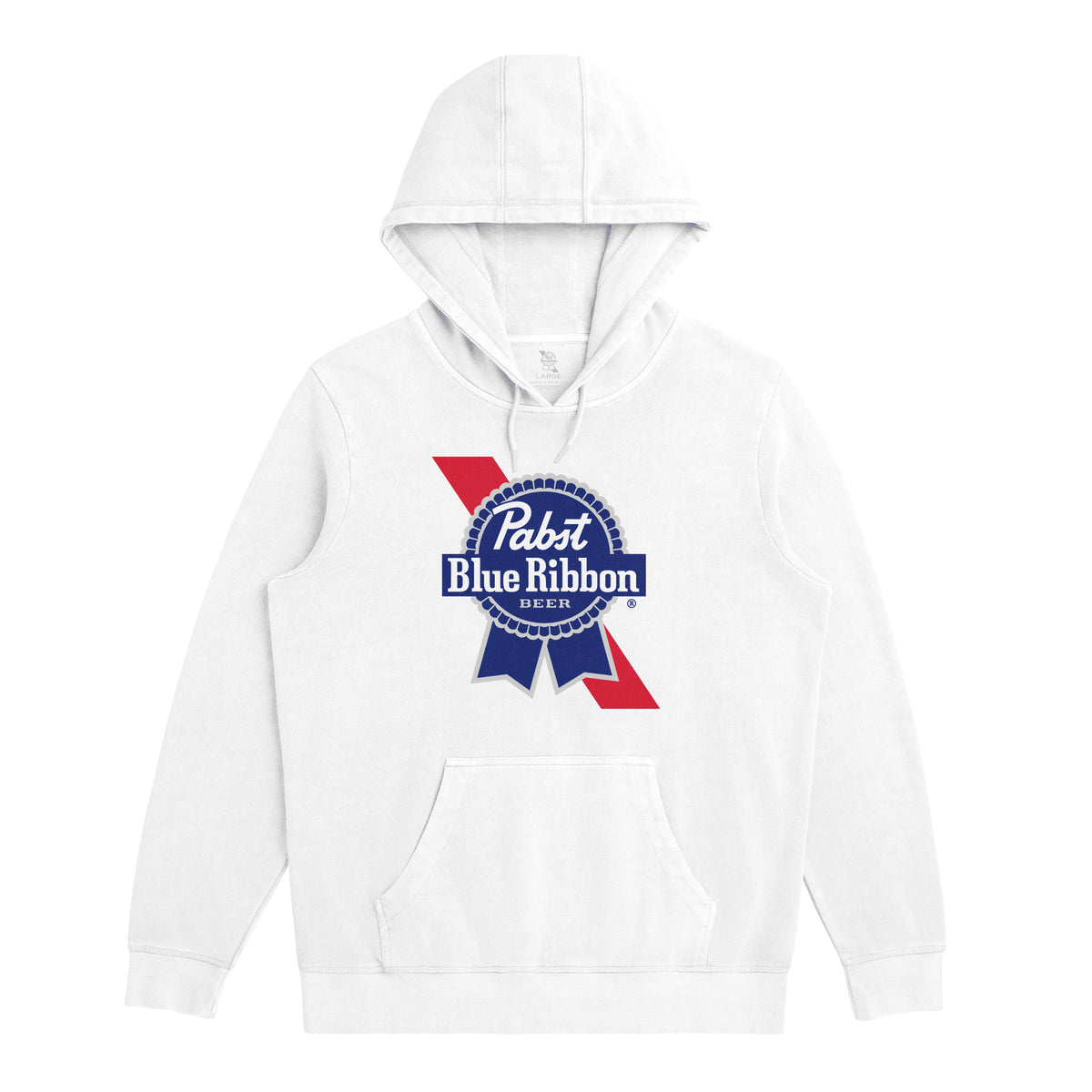 White hoodie with Pabst Blue Ribbon logo