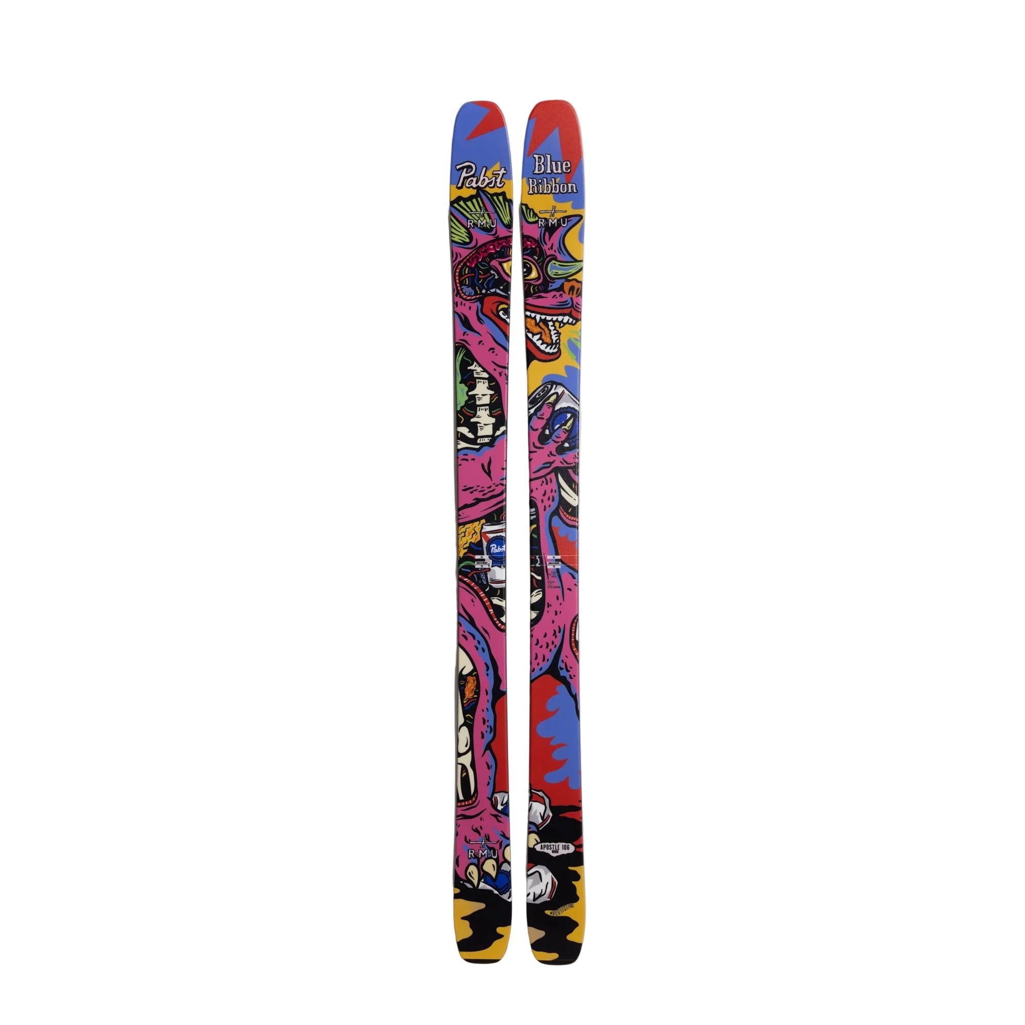A pair of colorful skis with a vibrant graffiti-style graphic print featuring pink, blue, yellow, and red, shown vertically against a plain white background.