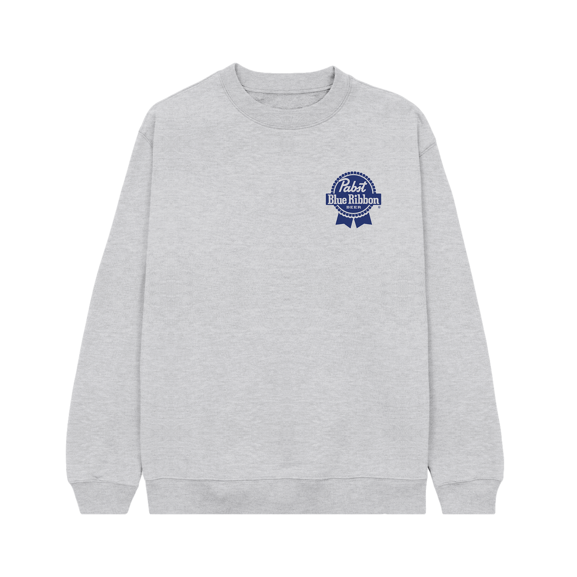 Gray sweatshirt with a Pabst Blue Ribbon logo on a white background