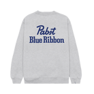 Gray sweatshirt with 'Pabst Blue Ribbon' text on the back against a green background
