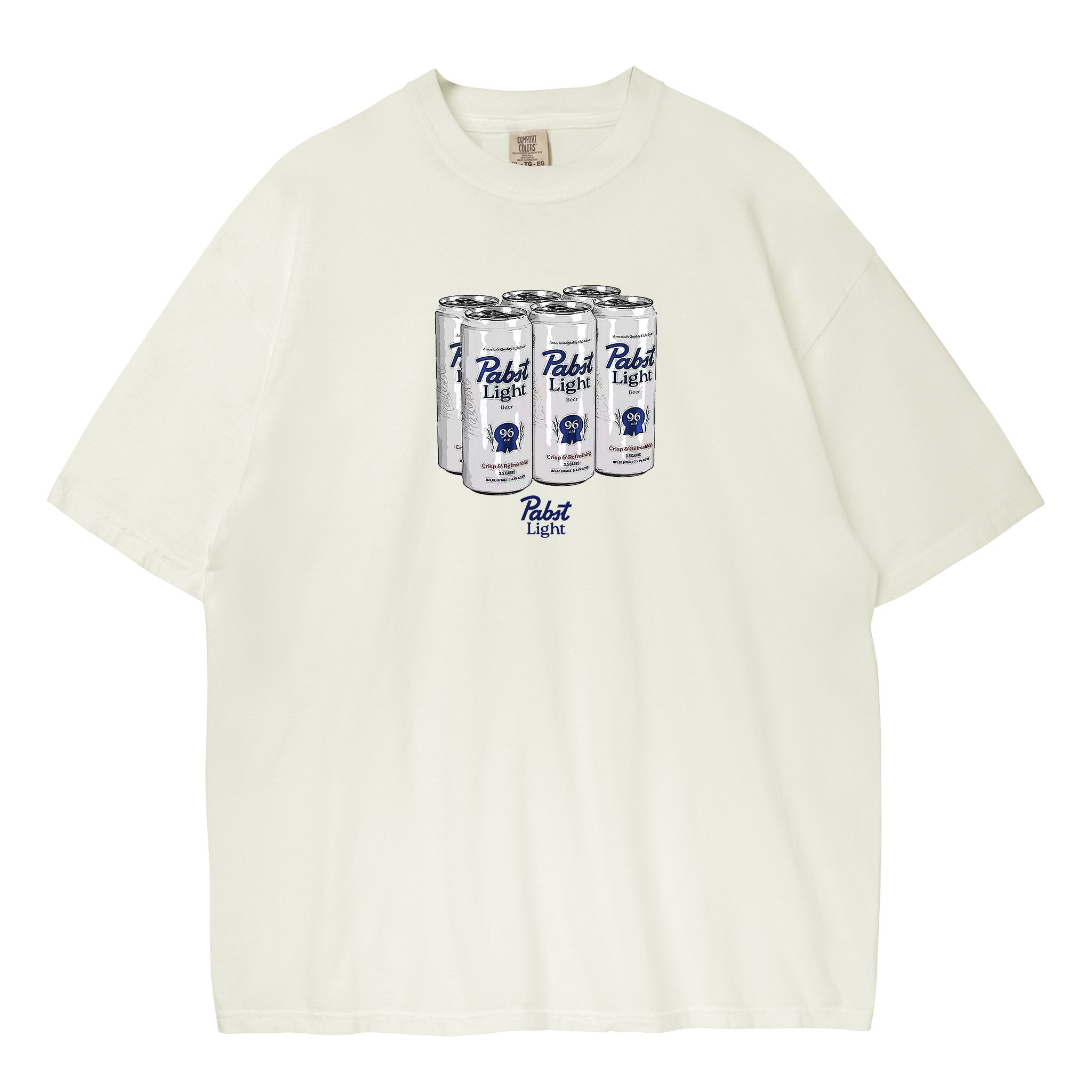 Ivory tee featuring a graphic of Pabst Light beer
