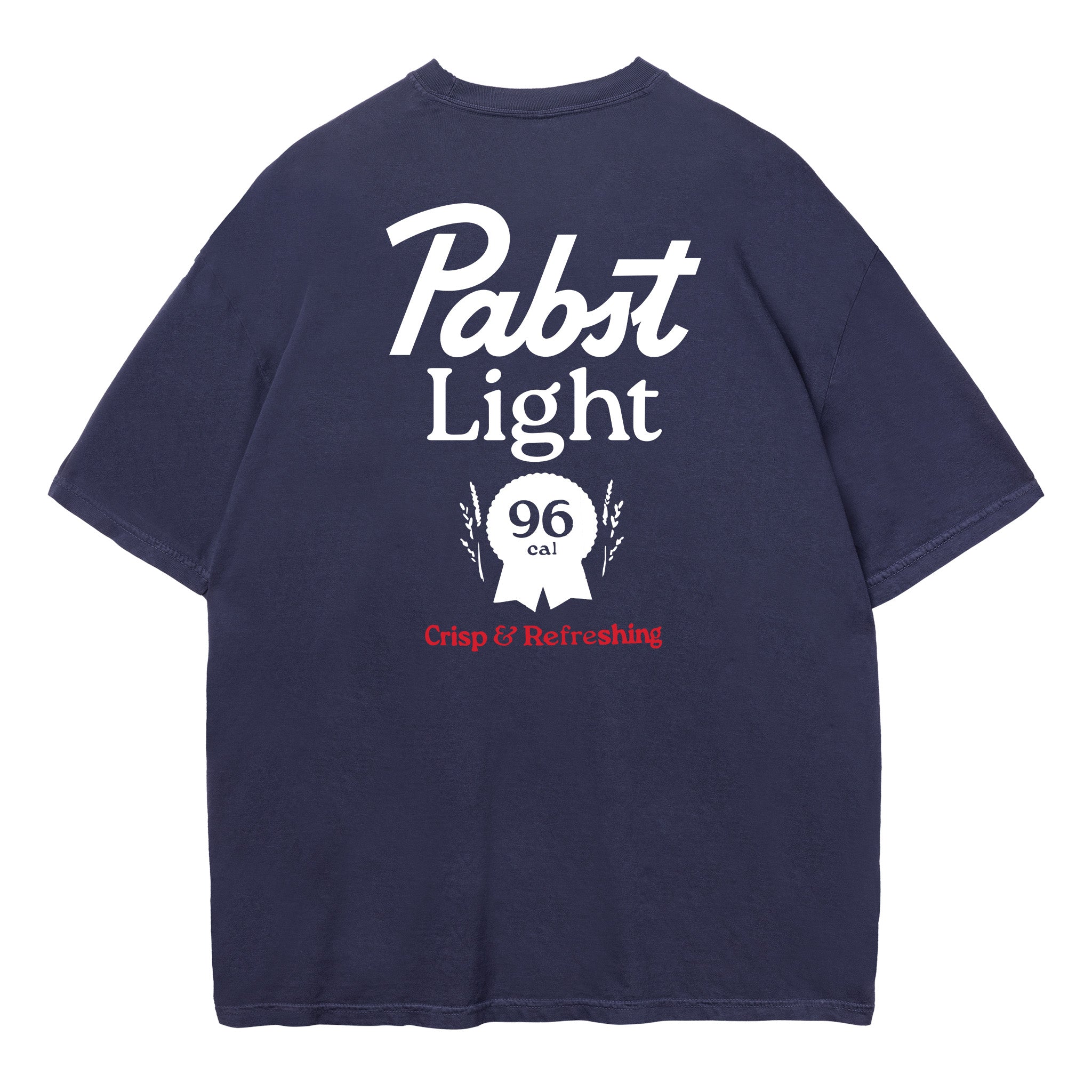 A navy blue short-sleeve t-shirt shown from the back, featuring a large white 'Pabst Light' logo and a red 'Crisp & Refreshing' slogan printed on the back.