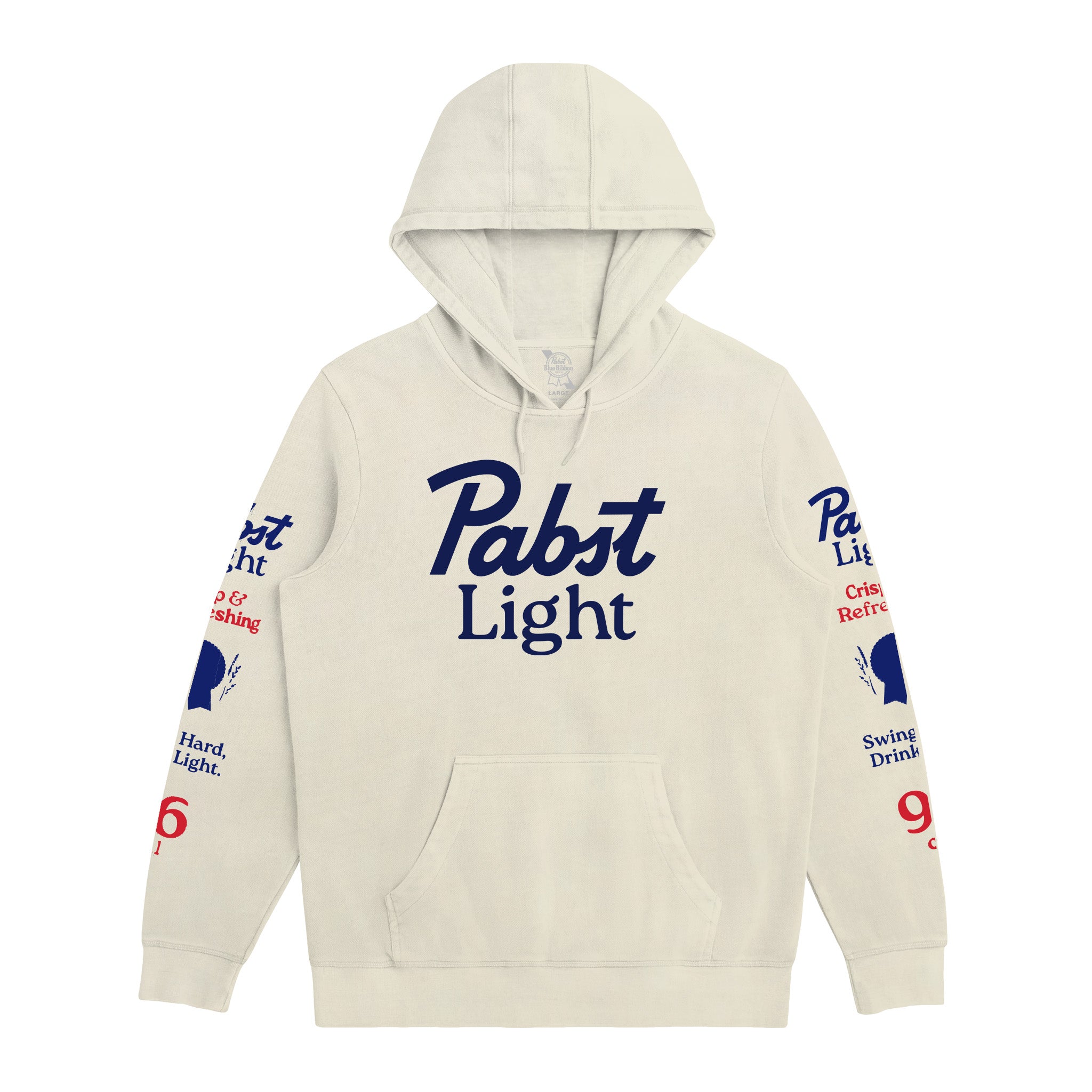 An off-white hooded sweatshirt featuring 'Pabst Light' printed in navy blue across the chest, with additional red and navy graphics on both sleeves, displayed against a solid white background.