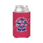 Red can koozie with ripped Pabst Blue Ribbon design.