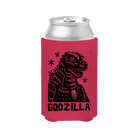 Red can koozie with Godzilla design.