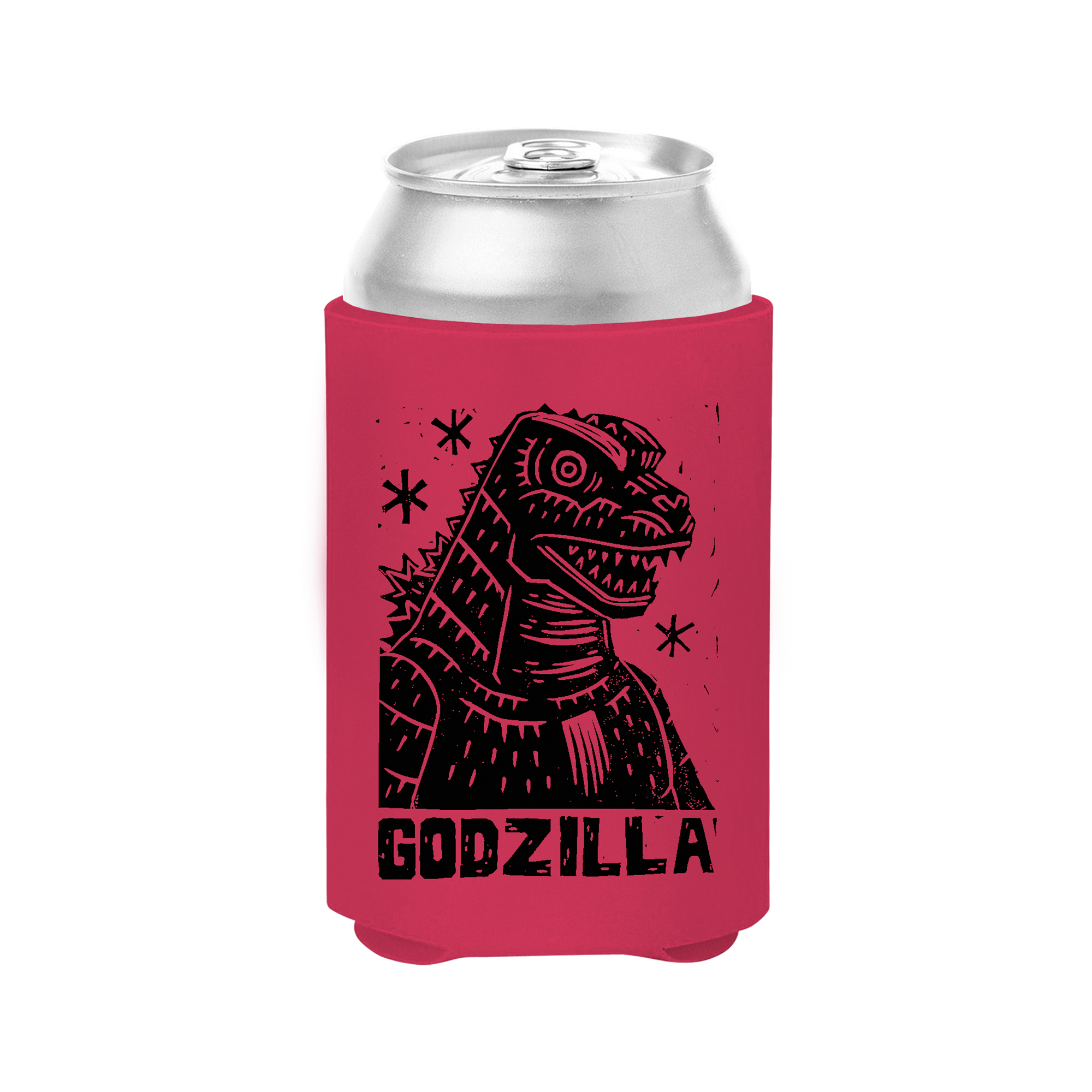 Red can koozie with Godzilla design.